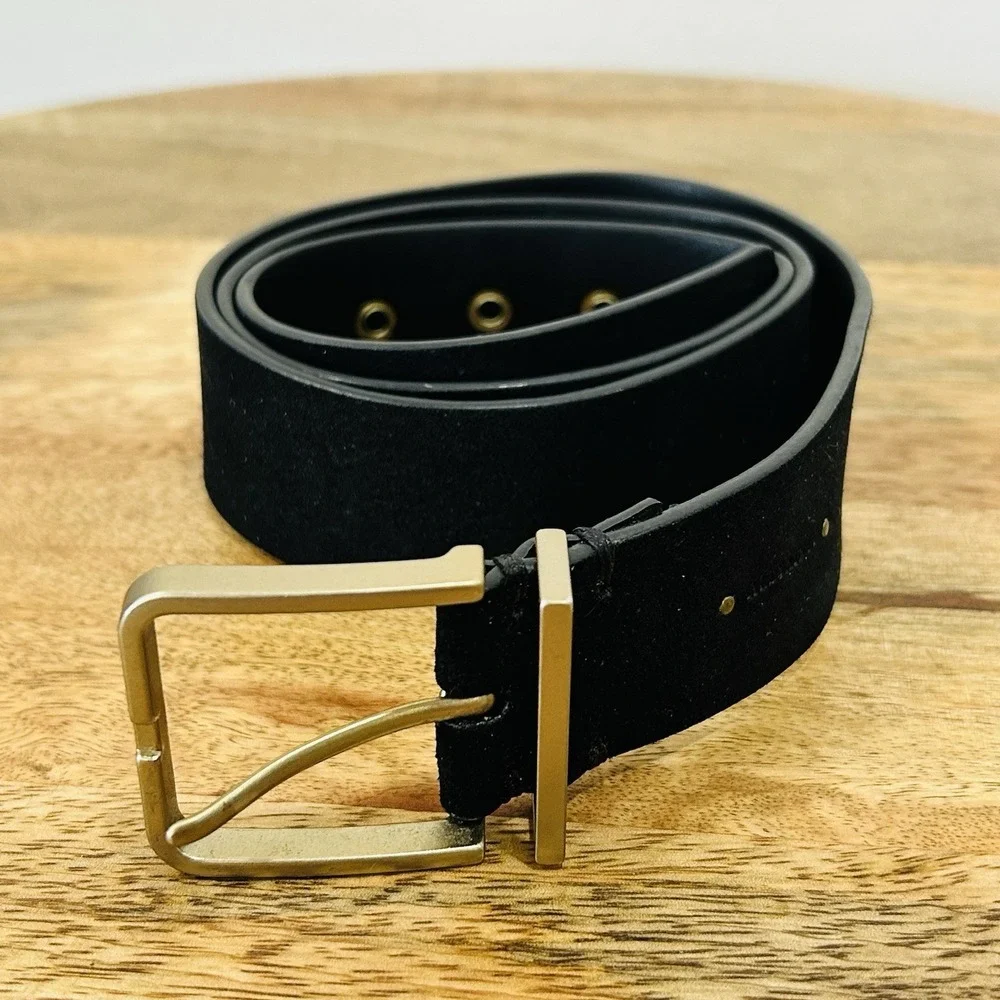 AllSaints Leather Flat Belt Black Warm Brass Men's Large 45